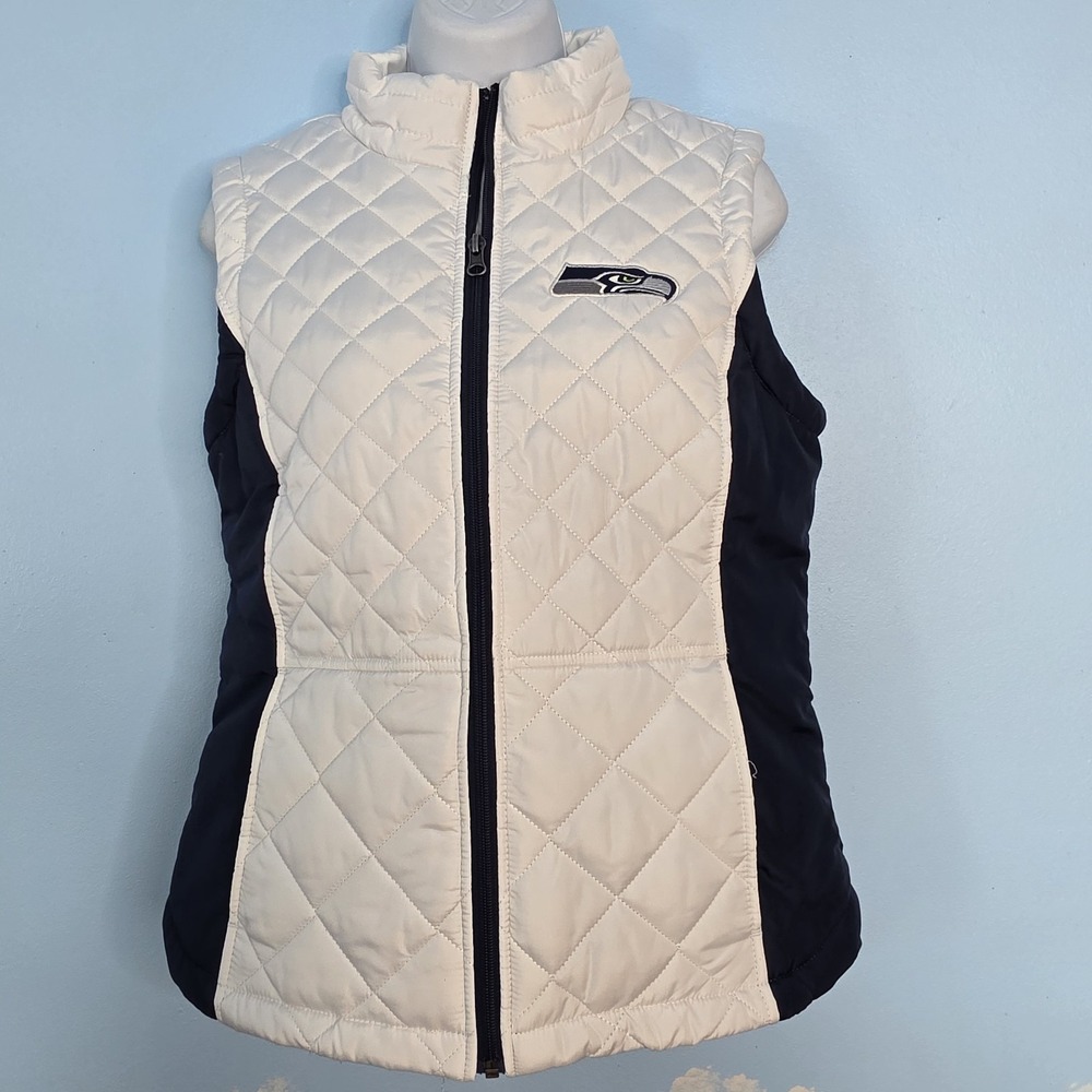 Seahawks Official NFL Team Womens M Puffer Vest Quilted White Jacket Full Zip - Picture 2 of 14